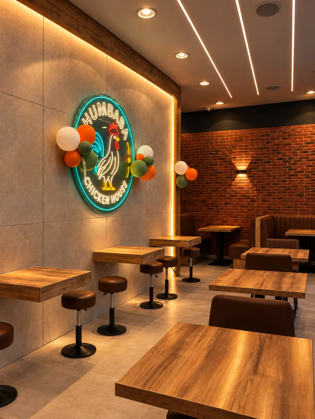 Warmer Innenraum des Humbaba Chicken House mit Neonlogo